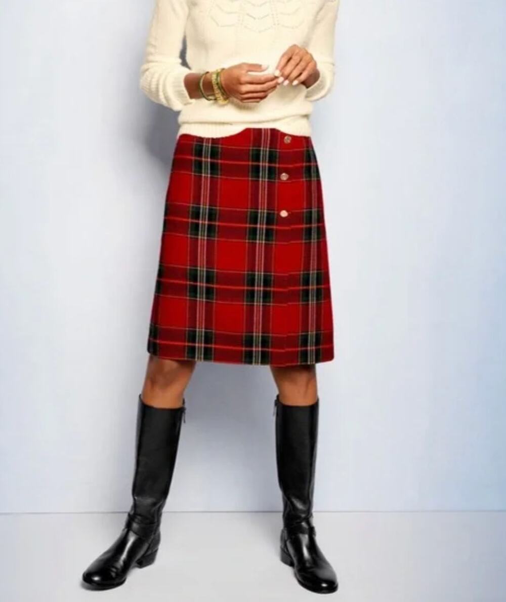 TALBOTS Wool Blend Red Plaid Skirt with Gold Hardware // 4 Petite